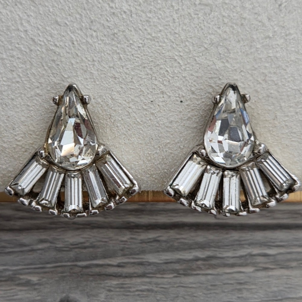 Wiesner Earrings Silver Rhinestone Art Deco Fan Screw Back Vintage Hollywood